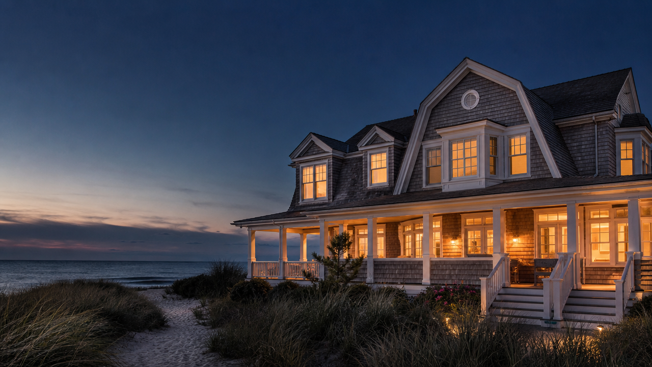 Upscale shingle-style Jersey Shore coastal home illuminated at dusk